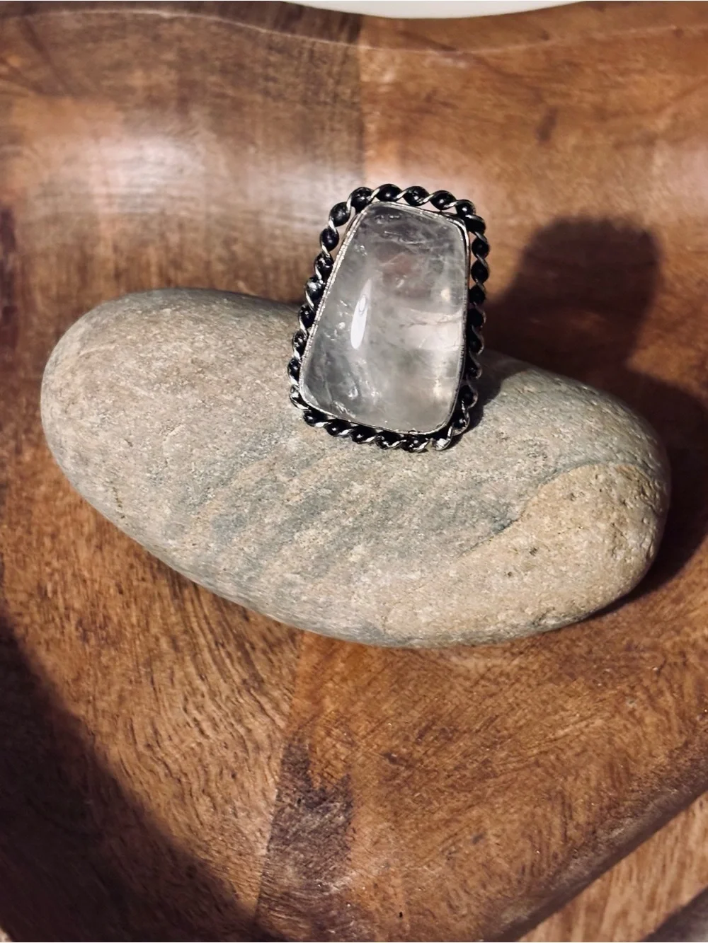 Celestial Veil Quartz Statement Ring Sterling Silver Plated Size 6